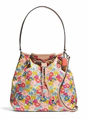 Coach Rare Vintage Peyton Floral Canvas Coated, Leather Drawstring Bucket Bag